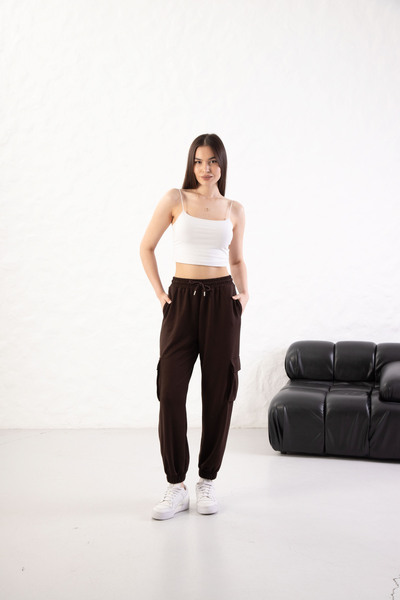 YusGos Women's Soft Textured Modal Fabric Pocket Detailed Elastic Leg Cargo Pants Brown S