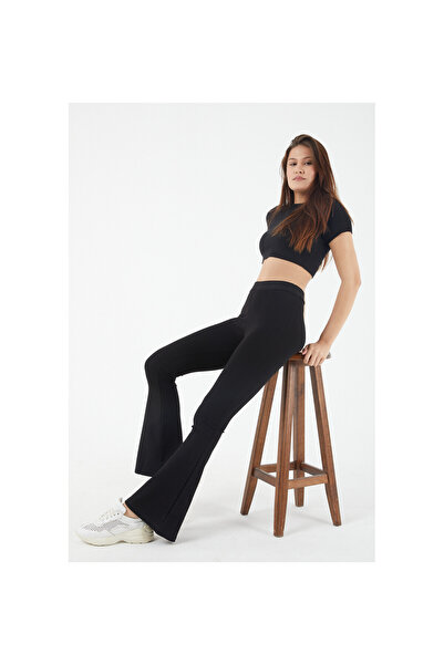 Genel Markalar Kadın Siyah Yüksek Belli Çelik İspanyol Paça Örme Tayt