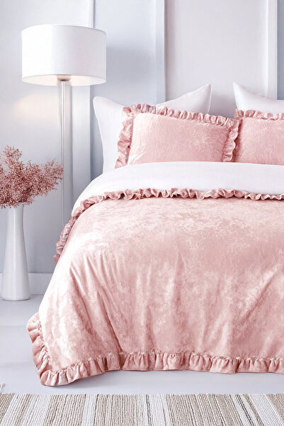 HAMUR Crush Hare Effect Double Bedspread Set 2 Pillowcases Ruffled Satin Shine Powder