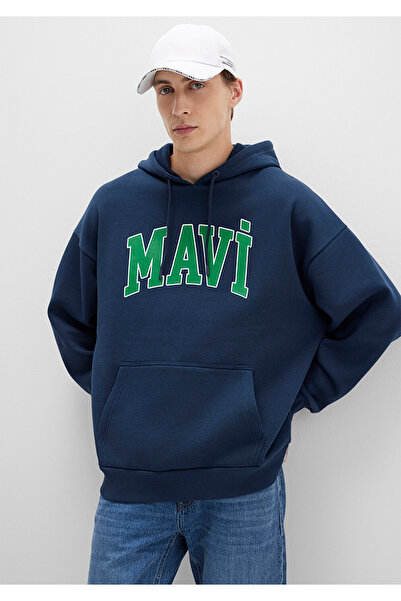 Mavi Marineblaues Kapuzen-Sweatshirt mit Logo-Print 067149-29743