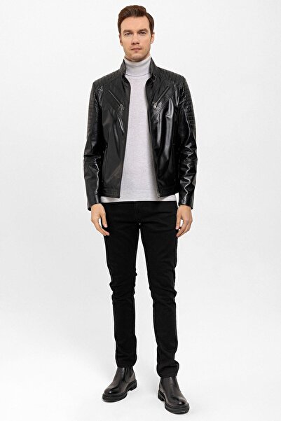 Deriderim Black Clan Shoulders Stitched Men's Genuine Leather Coat