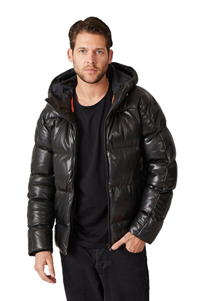 Deriderim Black Olaf Men's Hooded Lined and Fibered Zippered Warm Genuine Leather Coat
