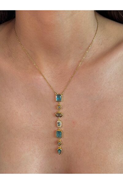 h&b design jewel Çelik Gold Mavi Taşlı Y Kolye