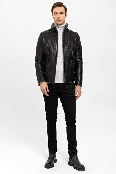 Deriderim Siyah Max İçi Kürklü Erkek Hakiki Deri Mont