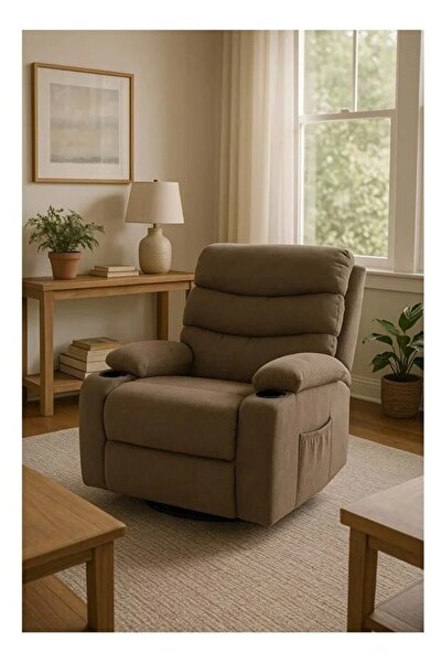 MARIA HOMES Brown Recliner Chair with Cup Holders – Soft Fabric, Swivel & Recline