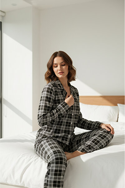Bravie Πολυτελές σετ πιτζάμες με μακρυμάνικο γυναικείο κοστούμι από βισκόζη με μαύρο και άσπρο καρό σχέδιο – 42575