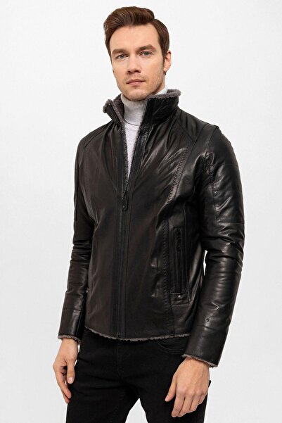 Deriderim Siyah Max İçi Kürklü Erkek Hakiki Deri Mont