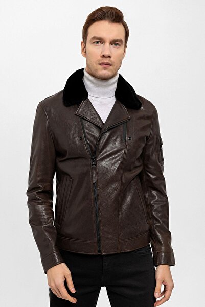 Deriderim Kahve Revolte Yaka Kürklü Erkek Hakiki Deri Mont