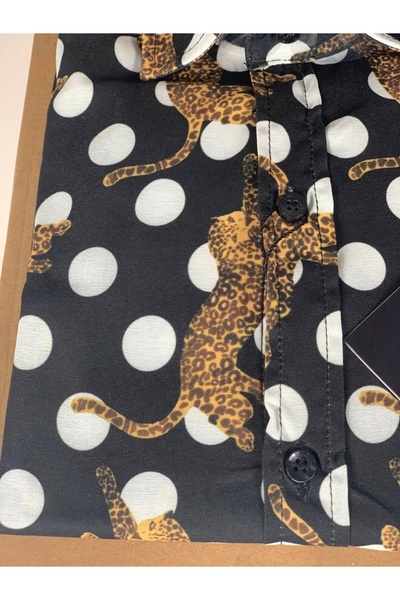 YusGos Long Sleeve Cotton Easy Iron Tiger Pattern Regular Fit Premium Men's Shirt Black L