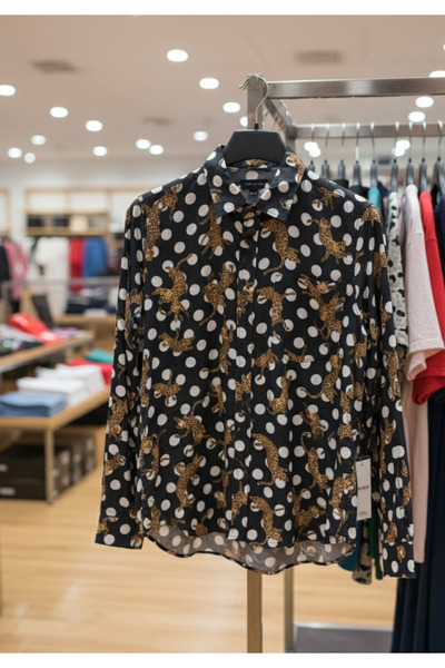 YusGos Long Sleeve Cotton Easy Iron Tiger Pattern Regular Fit Premium Men's Shirt Black L