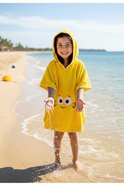 PAMUK HANIM Pamuklu yumuşacık Havlu Kız-erkek Çocuk Deniz Plaj, Havuz, banyo Kapşonlu Panço SARI /GÖZ