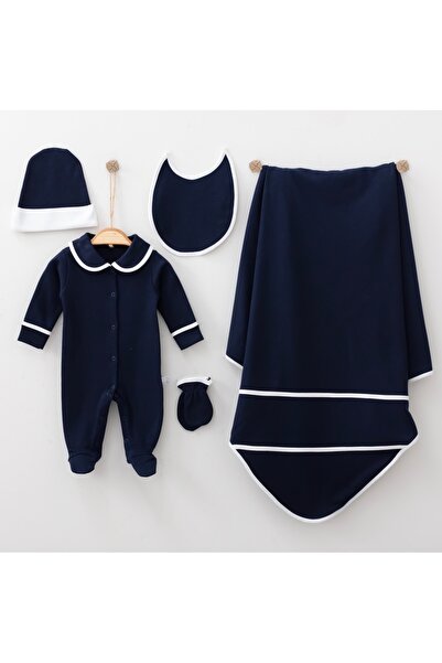 Mert Baby Lacivert Bebe Yaka 5'li Organik Hastane Çıkış Seti %100 Pamuk Yenid...