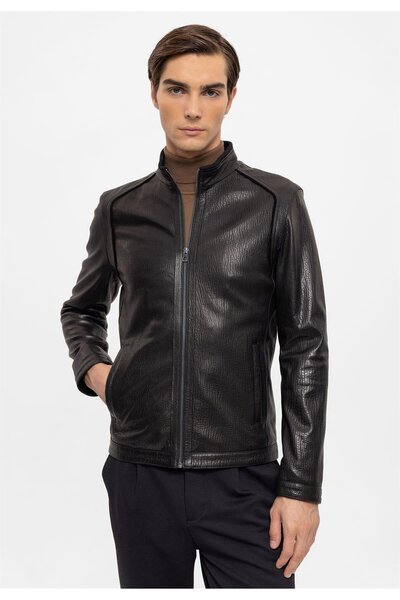 Deriderim Siyah Bruno Fermuarlı Astarlı Yaka İçi Trikolu Erkek Hakiki Deri Mont