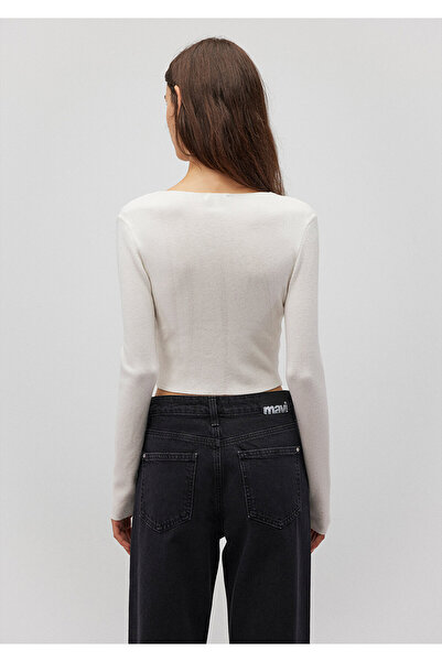 Mavi Weißer Pullover mit V-Ausschnitt, kurz geschnitten 1710122 -81964