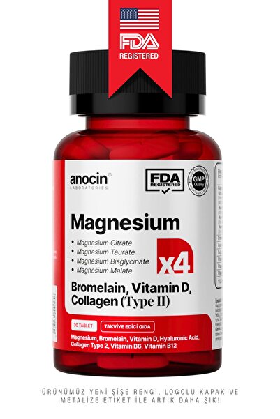 anocin MAGNEZYUM X4 COMPLEX CİTRATE, TAURATE, BİSGLYCİNATE, MALATE + BROMELAİN + KOLAJEN+ H.ASİT+D+B12+B6