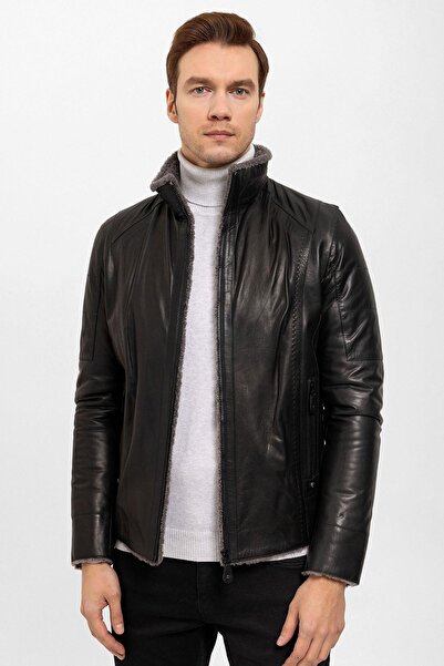 Deriderim Siyah Max İçi Kürklü Erkek Hakiki Deri Mont