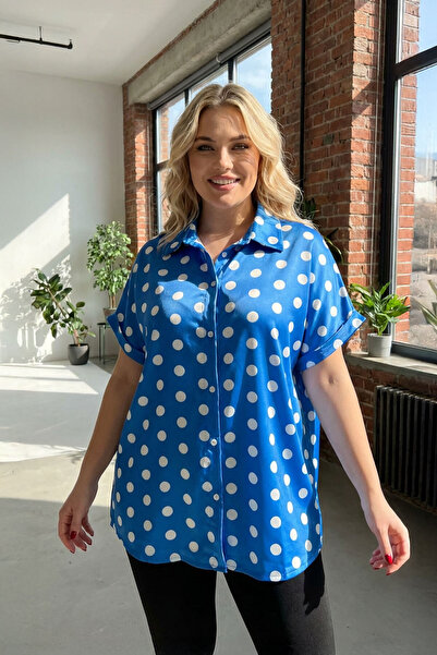 Stil Diva Plus Size Button Front Short Sleeve Polka Dot Print Shirt 303462