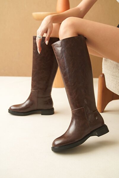 MODAADAM Γυναικείες μπότες με επίπεδη σόλα Poter - Καφέ-Κροκόδειλος