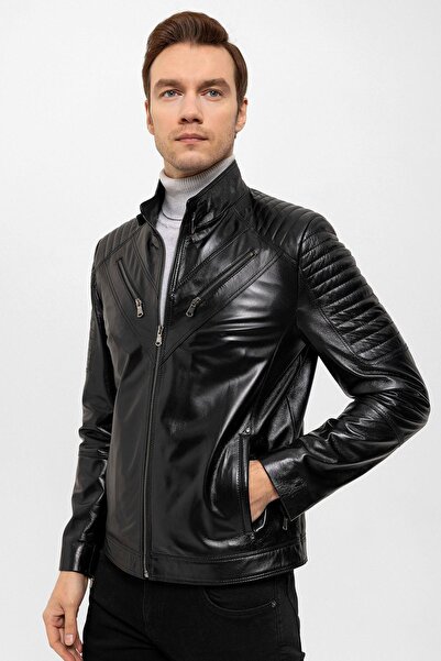 Deriderim Black Clan Shoulders Stitched Men's Genuine Leather Coat