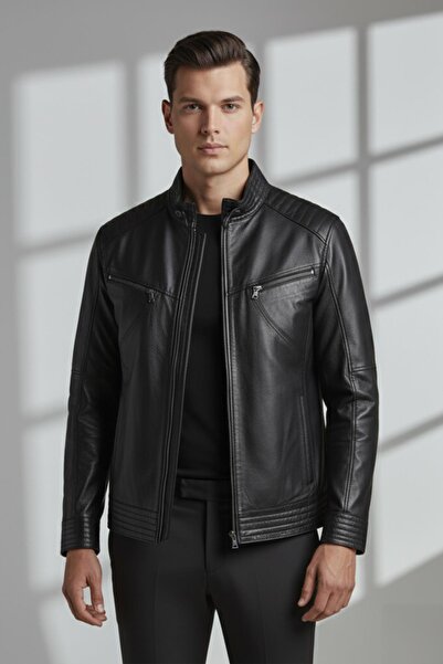 Deriderim Black Hector Hakim Collar Zippered Lined Men's Genuine Leather Coat