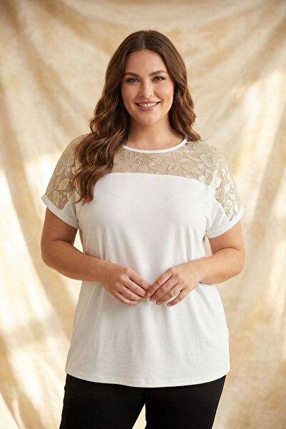 Stil Diva Plus Size Crew Neck Short Sleeve Transparent Collar Blouse 303427