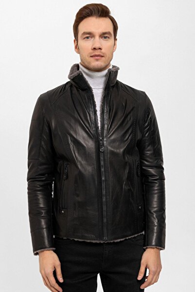 Deriderim Siyah Max İçi Kürklü Erkek Hakiki Deri Mont