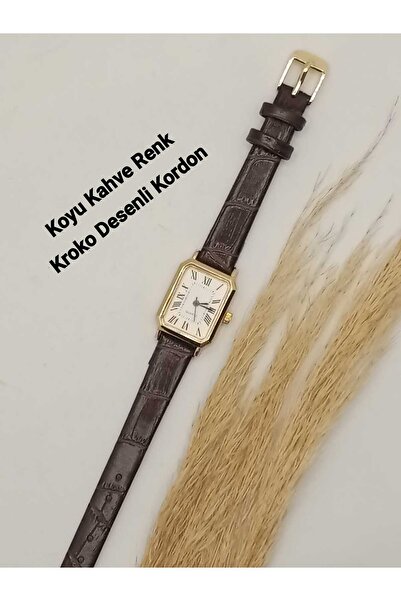 QUARTZ ساعة يد نسائية من ماركة فينتاج باللون البني الداكن بنمط جلد التمساح وح...