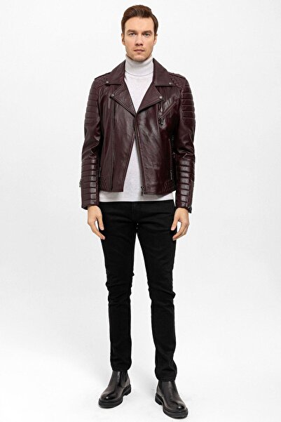 Deriderim E1001 Claret Red Biker Men's Genuine Leather Coat