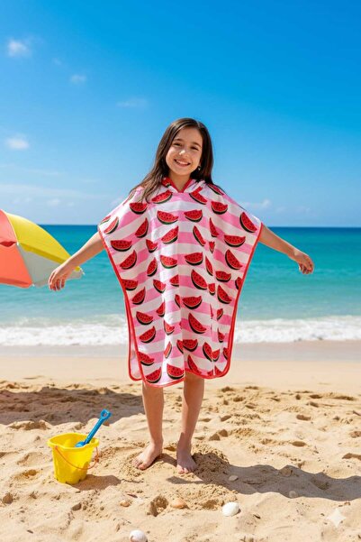 GÜRPAMUK HOME & BABY OUTLET %100 Pamuklu Kız-erkek Çocuk Deniz, Plaj, Havuz, Banyo Kapşonlu Havlu Panço 10/12 yaş KARPUZ