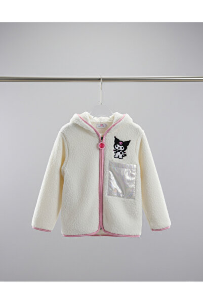 YusGos Zippered Hooded Plush Fleece Printed Girls' Coat Cream Color 2-3 Years Old