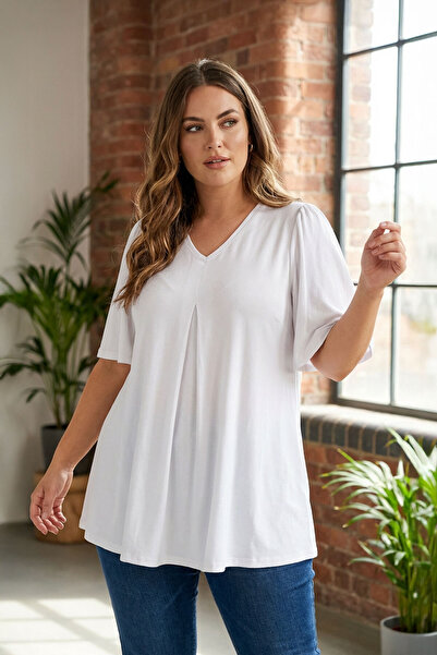 Stil Diva V-neck Patterned - Asymmetric Cut Lycra Plus Size Blouse 320779