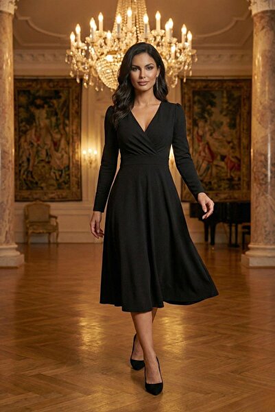 Mossta Premium Design Black Long Sleeve Midi Dress