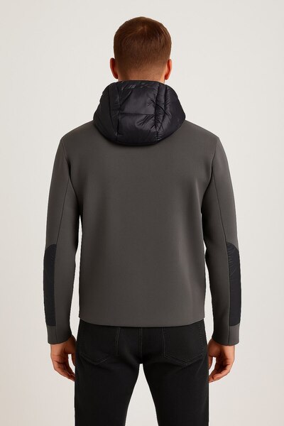 YusGos Men's Back and Arm Knitted and Arm Patched Raincoat Hooded High Quality Coat Coat Anthracite