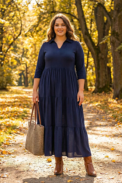 Stil Diva Plus Size V Neck Half Sleeve Elastic Waist Long Dress T44