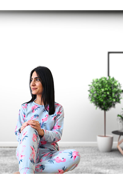 YusGos Flamingo Patterned Women's Fleece Plush Pajama Set (Green)