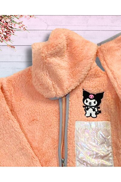 YusGos Zippered Hooded Plush Fleece Printed Girls' Coat Orange 3-4 Years Old