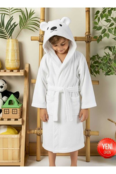 PAMUK HANIM Pamuklu kalın Yumuşacık kapşonlu Kız-erkek Çocuk Bornozu BEYAZ/KUTUP AYISI
