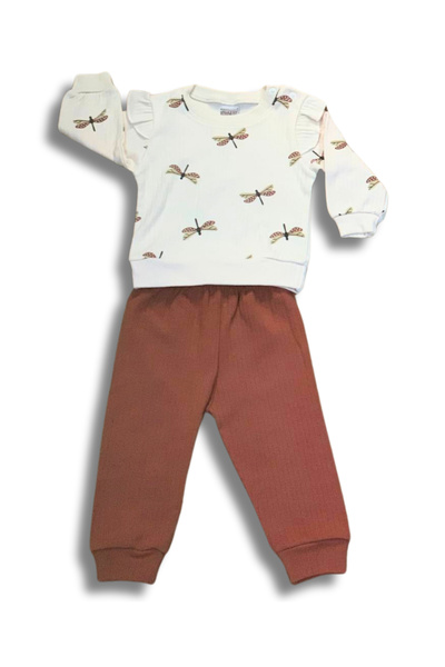 YusGos Yusufcuk Printed Flounce Sleeve Monthly Baby Girl Set Brown 0-6 Months