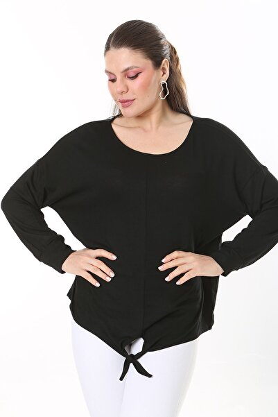 Şans Γυναικεία Plus Size Μαύρη Μπροστινή Γραβάτα Μακρυμάνικη Μπλούζα 65N37695