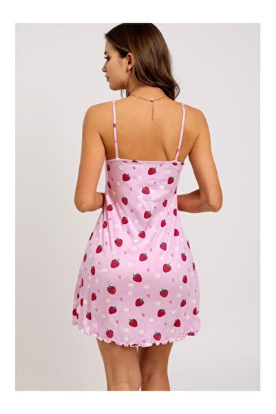 Cicişim Cămașă de noapte cu design elegant, cu bretele roz și model de căpșuni