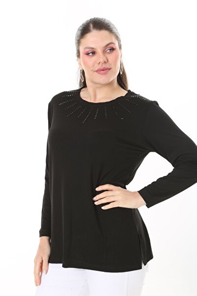 Şans Γυναικεία μακρυμάνικη μπλούζα με λεπτομέρεια 65N37694, μεγάλη γυναικεία πέτρα και ρόμπα δαντέλα