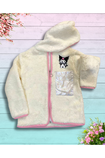 YusGos Zippered Hooded Plush Fleece Printed Girls' Coat