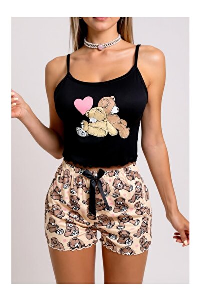 Cicişim Renkli Askılı Ayıcık Desenli Şortlu Pijama Takımı