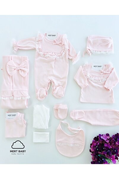 Mert Baby Bella 10'lu Organik Hastane Çıkış Seti Dantel Yaka Pembe %100 Pamuk...