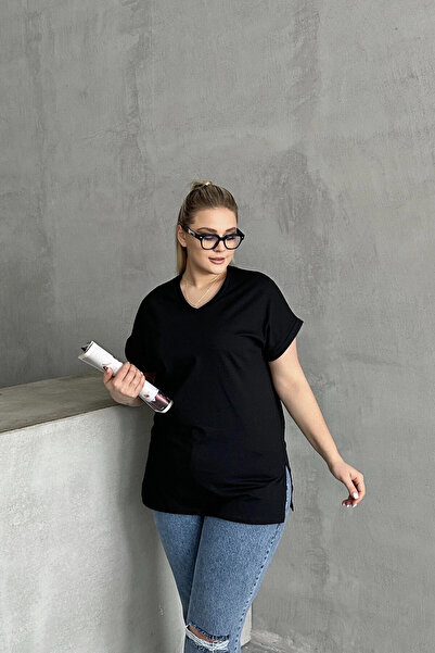 uniq store Large Size Short Sleeve V-Neck Basic T-Shirt with Side Slits Rft-02