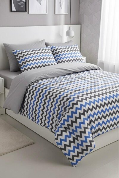 üntaş Life Series Blue Gray Zigzag Double Cotton Duvet Cover Set 200x220 Ecmavigrisetçft