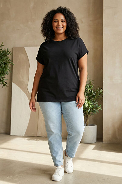 uniq store Large Size Short Sleeve Crew Neck Basic T-Shirt with Side Slits Rft-01