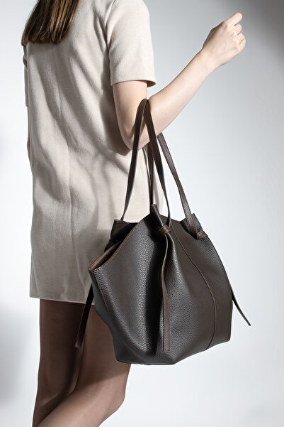 Marjin Women's Shopper Shoulder Bag with Inner Bag and Zipper Detvis Brown