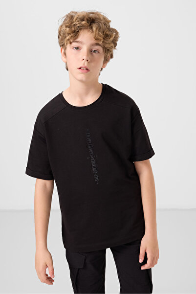 TOMMY LIFE Μαύρο βαμβακερό μπλουζάκι με απαλή υφή Oversize για αγόρι - 11301