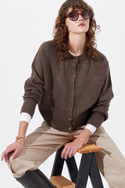 MARKALİSTE Πλεκτό Ζακέτα με Λεπτομέρεια Ραφής Καφέ